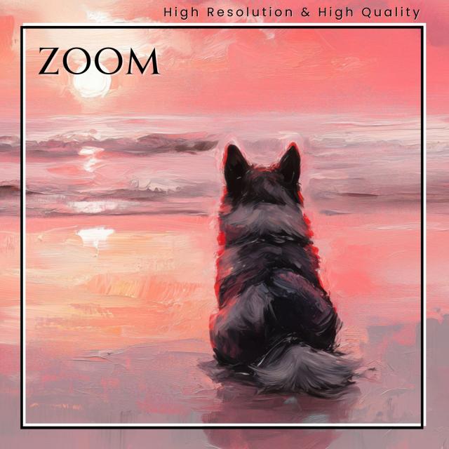 【サマーバケーション - ポメラニアン犬 No.2】日の出・夕日・朝日・ビーチ・サンセット・夏・海・うちの子記念日・ペットロス・アートポスター・犬の絵・犬のイラスト