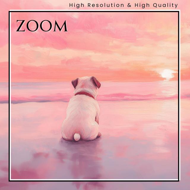 【サマーバケーション - パグ犬 No.3】日の出・夕日・朝日・ビーチ・サンセット・夏・海・うちの子記念日・ペットロス・アートポスター・犬の絵・犬のイラスト