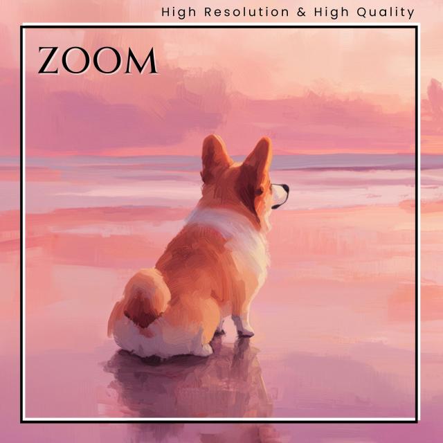 【サマーバケーション - ウェルシュ・コーギー犬 No.1】日の出・夕日・朝日・ビーチ・サンセット・夏・海・うちの子記念日・ペットロス・アートポスター・犬の絵・犬のイラスト