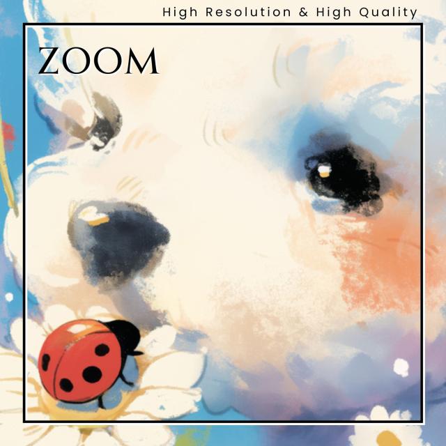 【天犬戯舞 - ビションフリーゼ犬の子犬 No.4】夏・テントウムシ・子犬・うちの子記念日・ペットロス・アートポスター・犬の絵・犬のイラスト