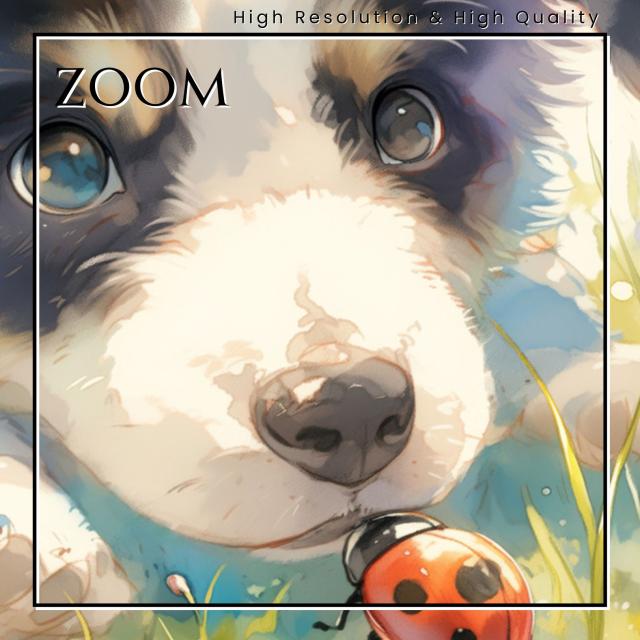 【天犬戯舞 - ボーダーコリー犬の子犬 No.2】夏・テントウムシ・子犬・うちの子記念日・ペットロス・アートポスター・犬の絵・犬のイラスト