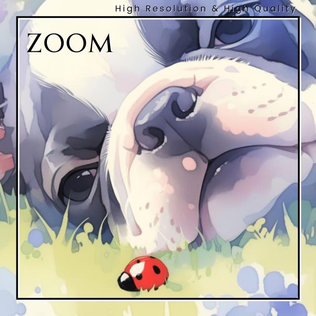 【天犬戯舞 - ボストンテリア犬の子犬 No.3】夏・テントウムシ・子犬・うちの子記念日・ペットロス・アートポスター・犬の絵・犬のイラスト