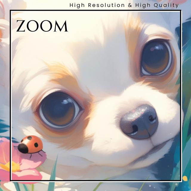 【天犬戯舞 - チワプー犬の子犬 No.3】夏・テントウムシ・子犬・うちの子記念日・ペットロス・アートポスター・犬の絵・犬のイラスト