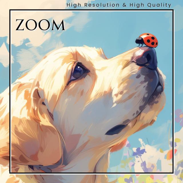 【天犬戯舞 - ゴールデンレトリバー犬の子犬 No.4】夏・テントウムシ・子犬・うちの子記念日・ペットロス・アートポスター・犬の絵・犬のイラスト