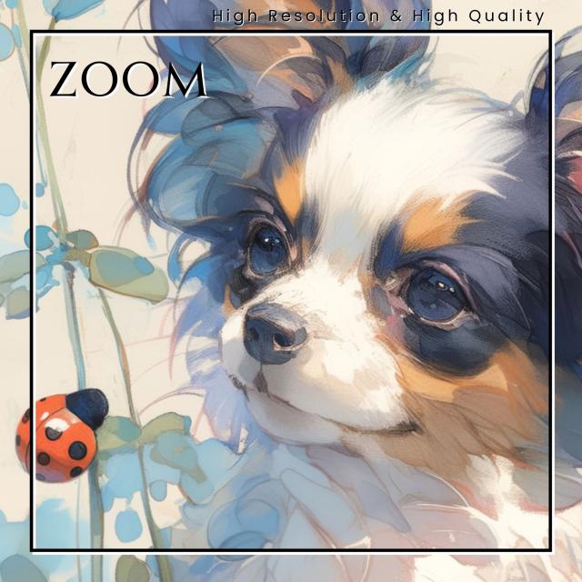 【天犬戯舞 - パピヨン犬の子犬 No.1】夏・テントウムシ・子犬・うちの子記念日・ペットロス・アートポスター・犬の絵・犬のイラスト