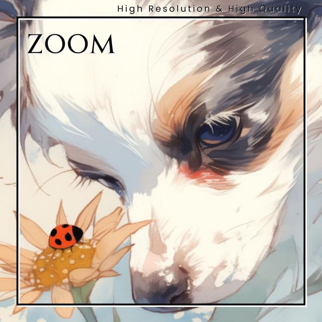 【天犬戯舞 - パピヨン犬の子犬 No.2】夏・テントウムシ・子犬・うちの子記念日・ペットロス・アートポスター・犬の絵・犬のイラスト