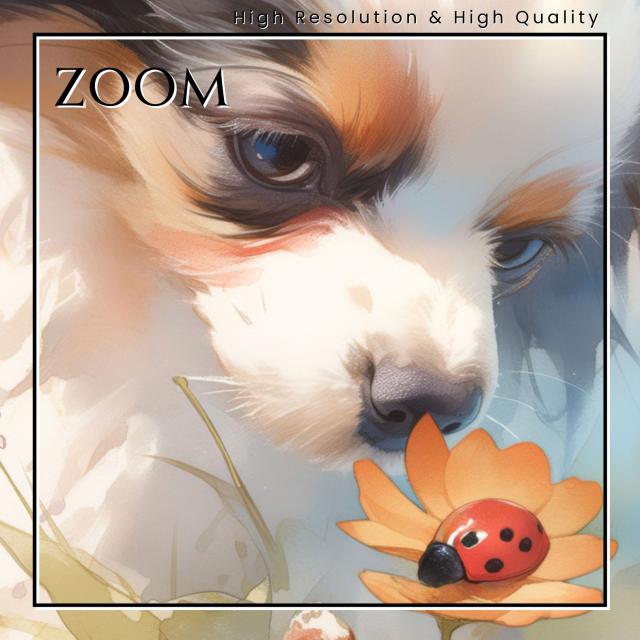 【天犬戯舞 - パピヨン犬の子犬 No.3】夏・テントウムシ・子犬・うちの子記念日・ペットロス・アートポスター・犬の絵・犬のイラスト