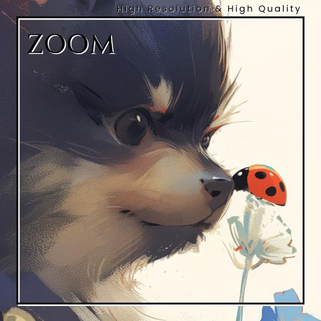 【天犬戯舞 - ブラック・黒ポメラニアン犬の子犬 No.4】夏・テントウムシ・子犬・うちの子記念日・ペットロス・アートポスター・犬の絵・犬のイラスト