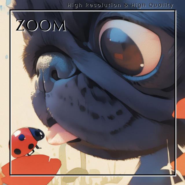 【天犬戯舞 - ブラック・黒パグ犬の子犬 No.6】夏・テントウムシ・子犬・うちの子記念日・ペットロス・アートポスター・犬の絵・犬のイラスト