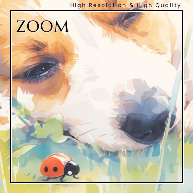 【天犬戯舞 - ウェルシュ・コーギーの子犬 No.2】夏・テントウムシ・子犬・うちの子記念日・ペットロス・アートポスター・犬の絵・犬のイラスト