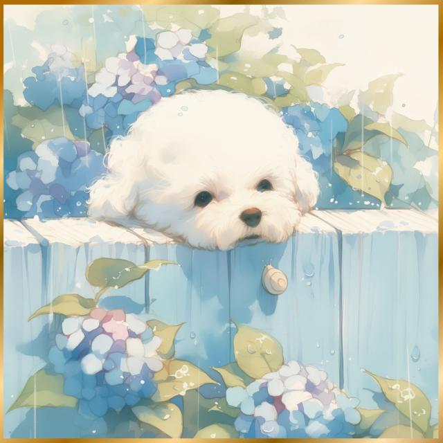 【雨犬戯舞 - ビションフリーゼ犬の子犬 No.1】梅雨・季節・時期・紫陽花・カタツムリ・子犬・うちの子記念日・ペットロス・アートポスター・犬の絵・犬のイラスト