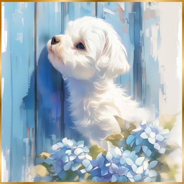 【雨犬戯舞 - ビションフリーゼ犬の子犬 No.2】梅雨・季節・時期・紫陽花・カタツムリ・子犬・うちの子記念日・ペットロス・アートポスター・犬の絵・犬のイラスト