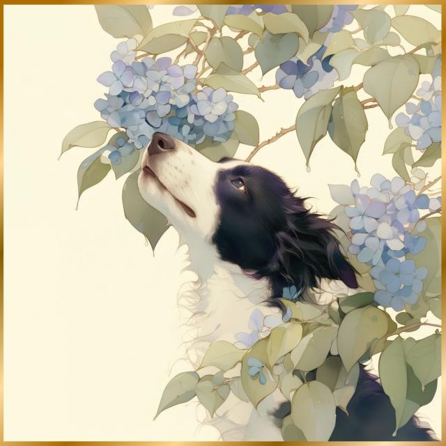 【雨犬戯舞 - ボーダーコリー犬の子犬 No.2】梅雨・季節・時期・紫陽花・カタツムリ・子犬・うちの子記念日・ペットロス・アートポスター・犬の絵・犬のイラスト