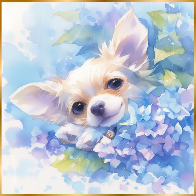 【雨犬戯舞 - チワワ犬の子犬 No.2】梅雨・季節・時期・紫陽花・カタツムリ・子犬・うちの子記念日・ペットロス・アートポスター・犬の絵・犬のイラスト