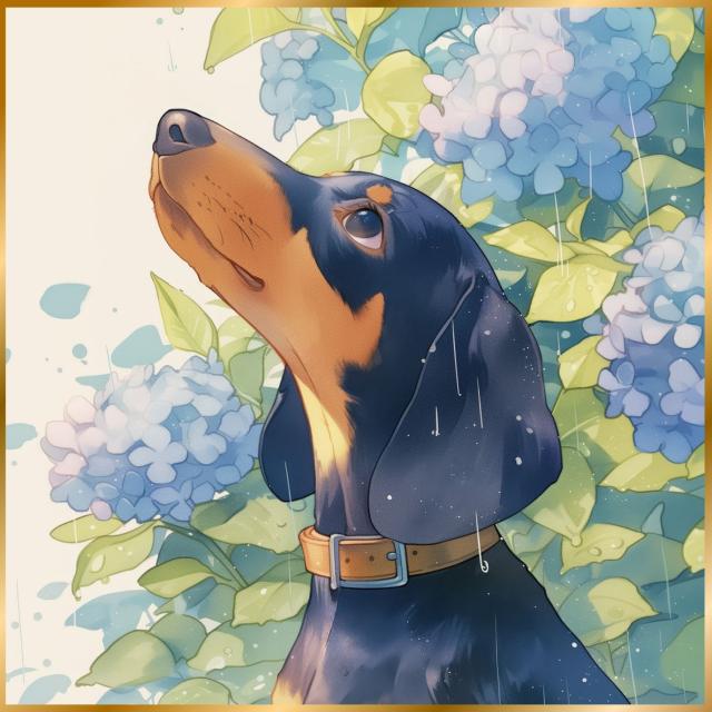 【雨犬戯舞 - ダックスフンド犬の子犬 No.2】梅雨・季節・時期・紫陽花・カタツムリ・子犬・うちの子記念日・ペットロス・アートポスター・犬の絵・犬のイラスト