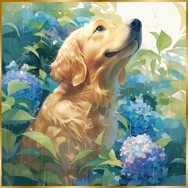 雨犬戯舞 - ゴールデンレトリバー犬の子犬 No.2】梅雨・季節・時期
