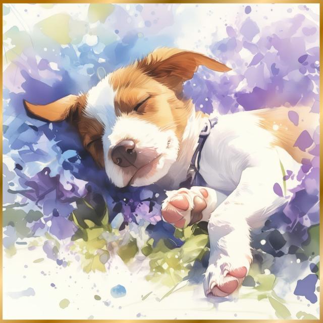 【雨犬戯舞 - ジャックラッセルテリア犬の子犬 No.2】梅雨・季節・時期・紫陽花・カタツムリ・子犬・うちの子記念日・ペットロス・アートポスター・犬の絵・犬のイラスト