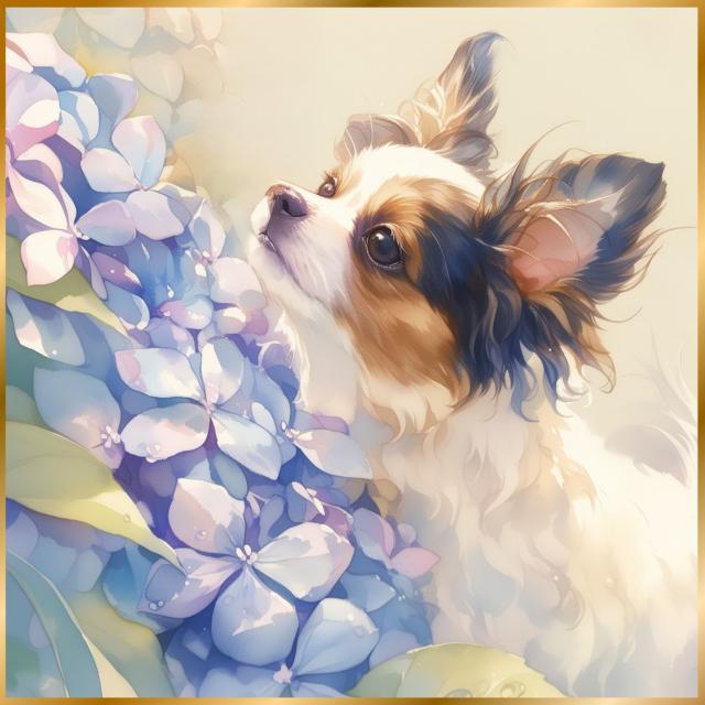【雨犬戯舞 - パピヨン犬の子犬 No.1】梅雨・季節・時期・紫陽花・カタツムリ・子犬・うちの子記念日・ペットロス・アートポスター・犬の絵・犬のイラスト
