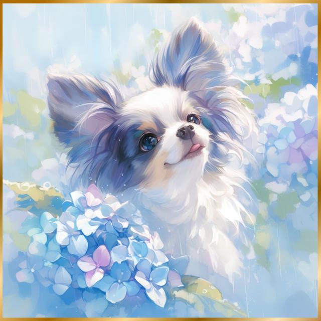 【雨犬戯舞 - パピヨン犬の子犬 No.2】梅雨・季節・時期・紫陽花・カタツムリ・子犬・うちの子記念日・ペットロス・アートポスター・犬の絵・犬のイラスト