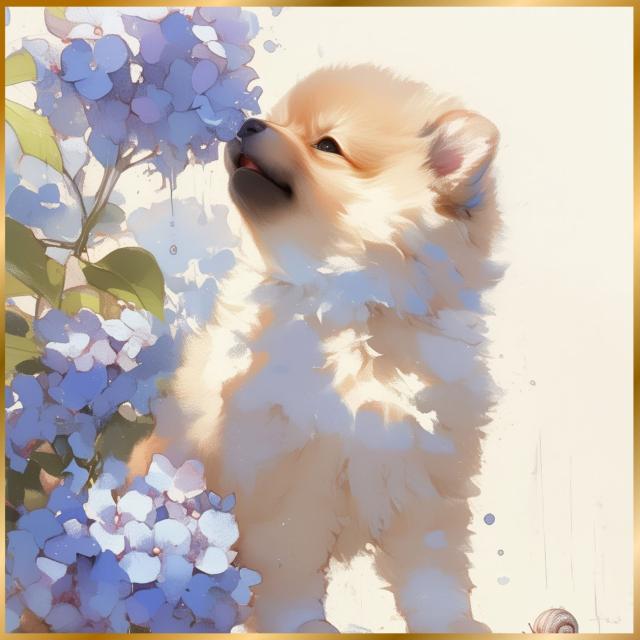 【雨犬戯舞 - ポメラニアン犬の子犬 No.1】梅雨・季節・時期・紫陽花・カタツムリ・子犬・うちの子記念日・ペットロス・アートポスター・犬の絵・犬のイラスト