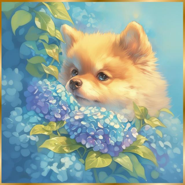 【雨犬戯舞 - ポメラニアン犬の子犬 No.3】梅雨・季節・時期・紫陽花・カタツムリ・子犬・うちの子記念日・ペットロス・アートポスター・犬の絵・犬のイラスト