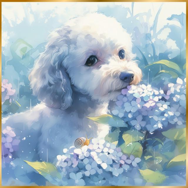 【雨犬戯舞 - 黒・ブラック・トイプードル犬の子犬 No.5】梅雨・季節・時期・紫陽花・カタツムリ・子犬・うちの子記念日・ペットロス・アートポスター・犬の絵・犬のイラスト