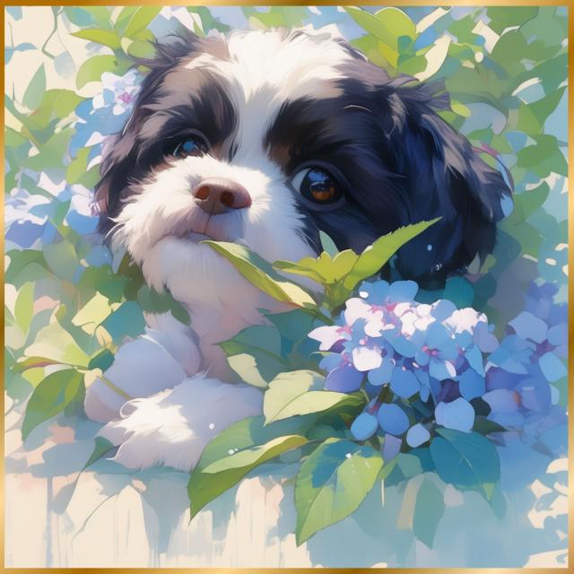 【雨犬戯舞 - シーズー犬の子犬 No.1】梅雨・季節・時期・紫陽花・カタツムリ・子犬・うちの子記念日・ペットロス・アートポスター・犬の絵・犬のイラスト