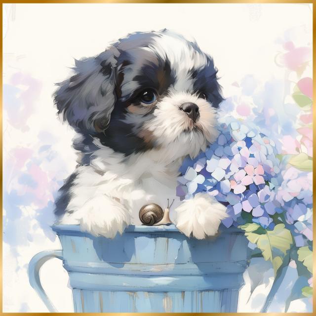 【雨犬戯舞 - シーズー犬の子犬 No.2】梅雨・季節・時期・紫陽花・カタツムリ・子犬・うちの子記念日・ペットロス・アートポスター・犬の絵・犬のイラスト