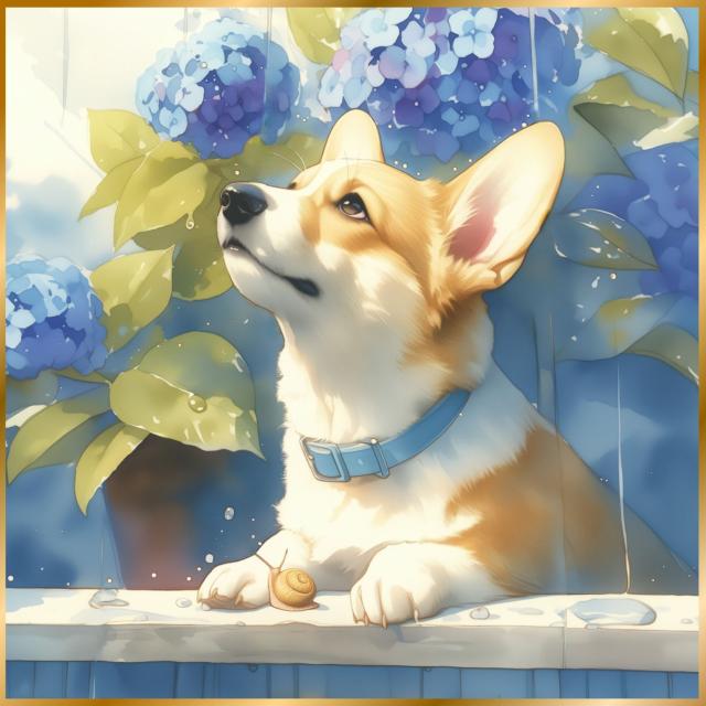 【雨犬戯舞 - ウェルシュコーギー犬の子犬 No.1】梅雨・季節・時期・紫陽花・カタツムリ・子犬・うちの子記念日・ペットロス・アートポスター・犬の絵・犬のイラスト
