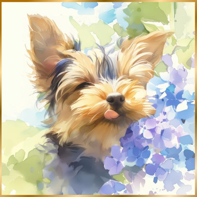 【雨犬戯舞 - ヨーキー・ヨークシャーテリア犬の子犬 No.2】梅雨・季節・時期・紫陽花・カタツムリ・子犬・うちの子記念日・ペットロス・アートポスター・犬の絵・犬のイラスト