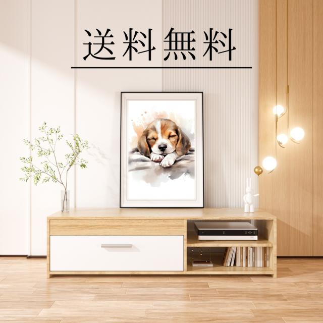 【夢心地 - ビーグル犬の子犬 No.1】かわいい・寝顔・癒し系・水彩画・北欧インテリア・アートポスター 犬の絵 犬の絵画 犬のイラスト_2