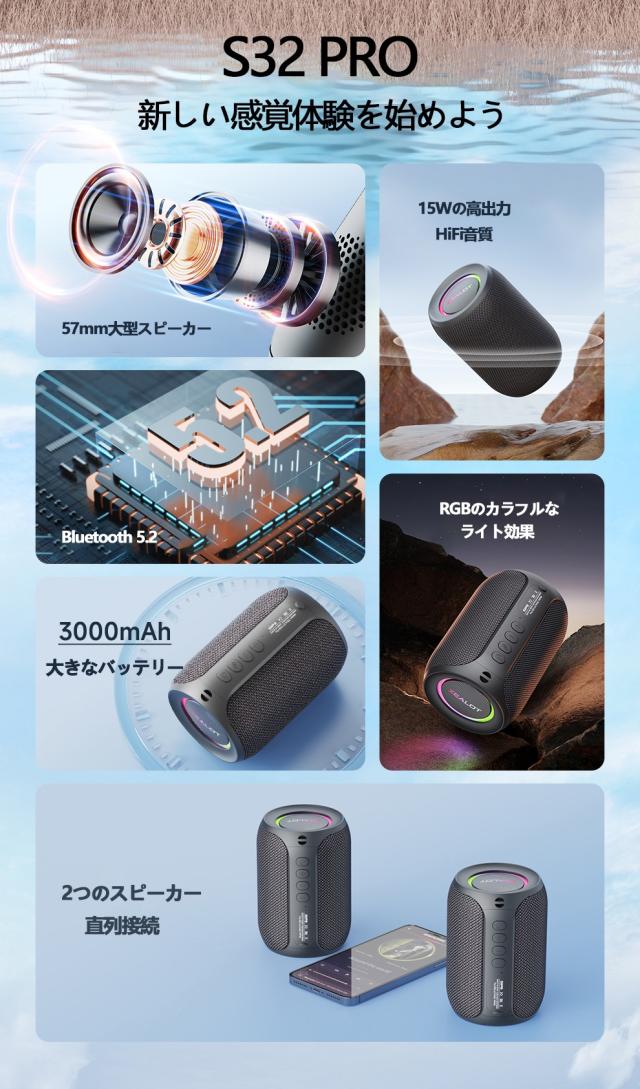 Bluetooth スピーカー 高音質 小型 15W高出力 360°立体音響 重低音 防塵防水 ワイヤレススピーカー TWS対応 RGBライト搭載 ポータブルスピーカー お風呂 アウトドア PC用_2
