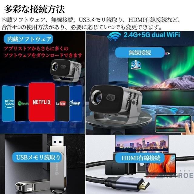 プロジェクター 小型 家庭用 天井投影 電動フォーカス android搭載 スマホと繋げる 4K対応 超高清 26000LM高輝度 Netflix/YouTubeb Android13 静音 自動台形補正 wi-fi 6 Bluetooth ホームシアター 壁 HDMIケーブル リモコン付属_3