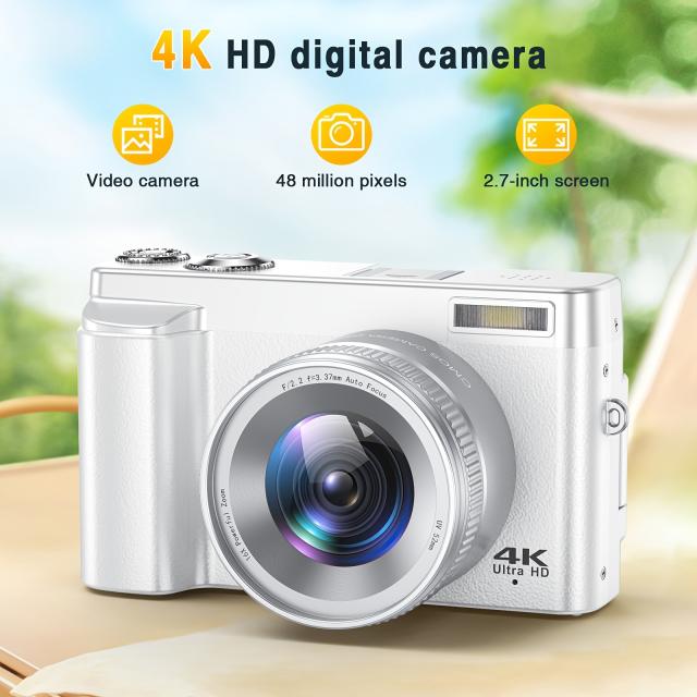 4K デジタルカメラ 4800 万画素 16 倍デジタルズーム 180 度回転 7.62cm 大画面 手ブレ補正 内蔵フラッシュライト UV レンズ付き 32GB メモリーカード同梱 850mAh バッテリー付属 Vlog・ライブ配信対応 初心者撮影カメラ最適
