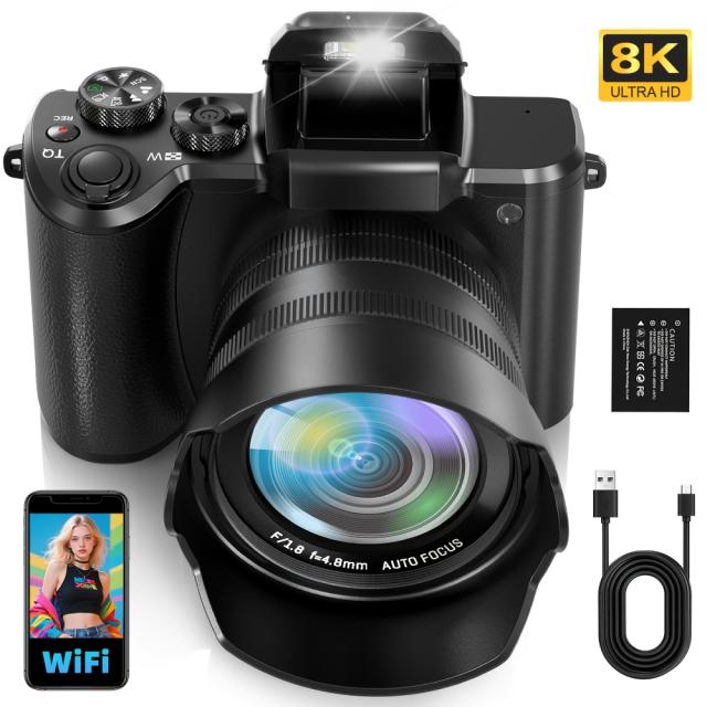 8K デジタルカメラ。88MPのWiFi機能搭載で写真撮影に最適。8.13cmのタッチスクリーン、16倍ズームオートフォーカス、Vlog撮影に最適、手ブレ補正技術、デュアルカメラ機能、フラッシュ、レンズフード付き。