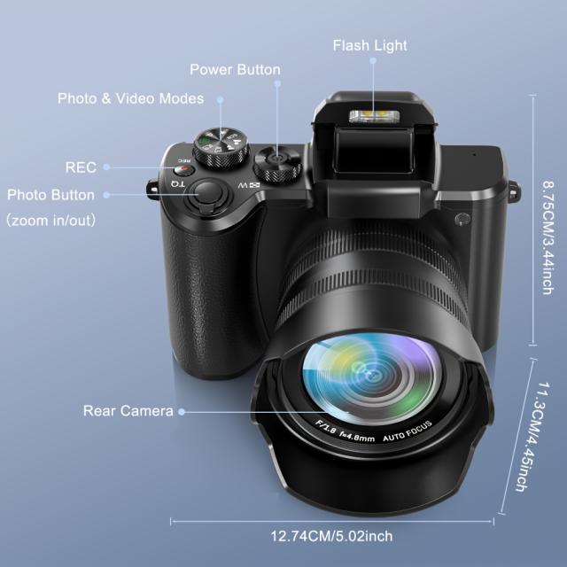 8K デジタルカメラ。88MPのWiFi機能搭載で写真撮影に最適。8.13cmのタッチスクリーン、16倍ズームオートフォーカス、Vlog撮影に最適、手ブレ補正技術、デュアルカメラ機能、フラッシュ、レンズフード付き。_1