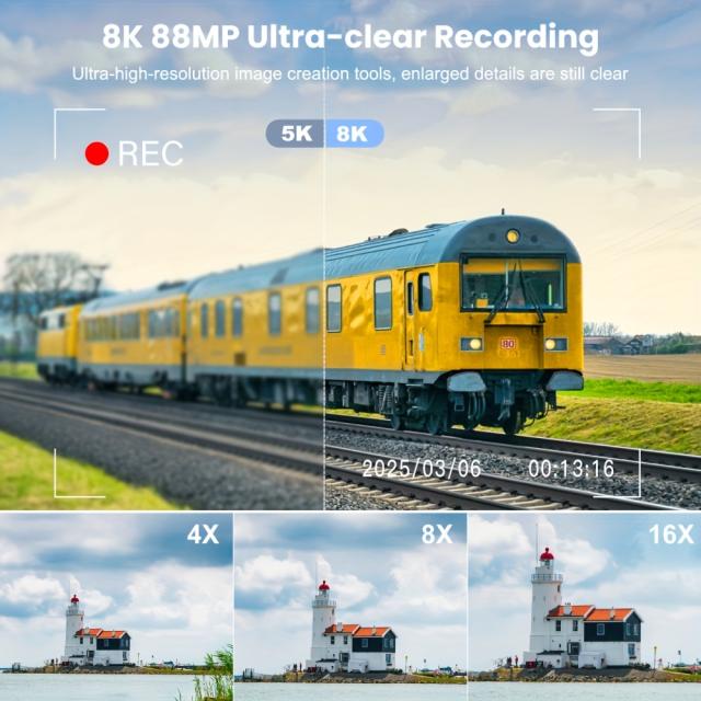 8K デジタルカメラ。88MPのWiFi機能搭載で写真撮影に最適。8.13cmのタッチスクリーン、16倍ズームオートフォーカス、Vlog撮影に最適、手ブレ補正技術、デュアルカメラ機能、フラッシュ、レンズフード付き。_3