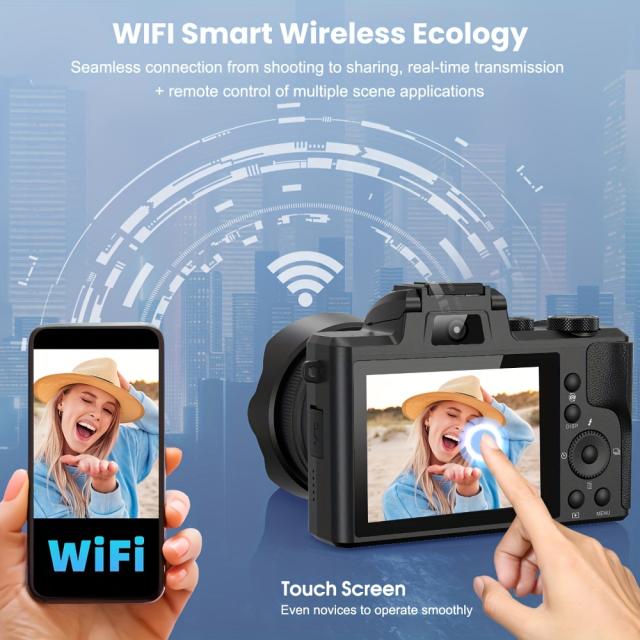 8K デジタルカメラ。88MPのWiFi機能搭載で写真撮影に最適。8.13cmのタッチスクリーン、16倍ズームオートフォーカス、Vlog撮影に最適、手ブレ補正技術、デュアルカメラ機能、フラッシュ、レンズフード付き。_4