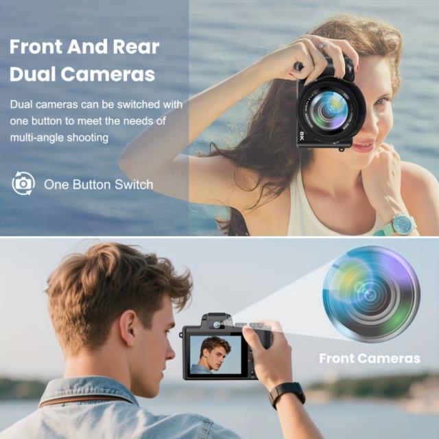 8K デジタルカメラ。88MPのWiFi機能搭載で写真撮影に最適。8.13cmのタッチスクリーン、16倍ズームオートフォーカス、Vlog撮影に最適、手ブレ補正技術、デュアルカメラ機能、フラッシュ、レンズフード付き。_2