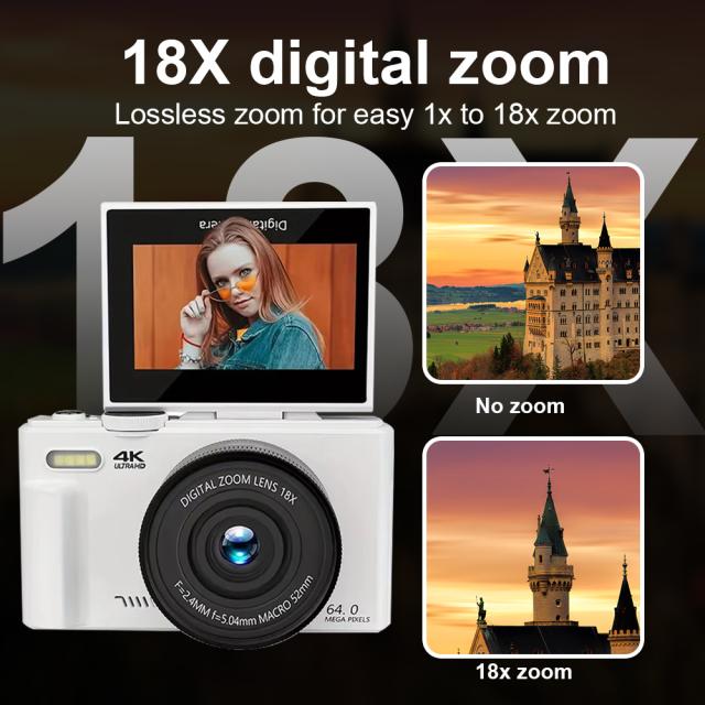 UKD レトロデジタルカメラ 4K 6400 万画素 180 度回転画面 オートフォーカス 18 倍デジタルズーム WiFi 転送 ホワイトコンパクトカメラ 学生自撮り Vlog カメラ