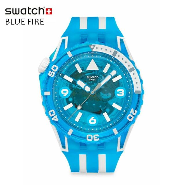 【NEW】正規品 Swatch SCUBAQUA スクーバ— Collection BLUE FIRE ブルー ファイア SSCU09S100 腕時計 10気圧防水 ブラック 大きめサイズ メンズ レディース  スイスブランド