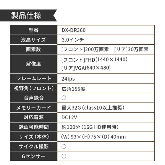 ドライブレコーダー 前後カメラ 360度 ドラレコ リアカメラ付き360°ドライブレコーダー DX-DR360 バックカメラ Gセンサー 200万画素 全方位撮 DIXIA TOHO_11