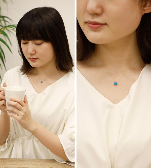 ターコイズ ネックレス ターコイズブルー 18金 k18 18k イエローゴールド ホワイトゴールド 0.6 カラット トルコ石 誕生日 フラワー 花 モチーフ カボション 一粒 天然 ギフト プレゼント 日本製 夏ギフト シンプル スキンジュエリー ゴールド ct 華奢 おしゃれ 女性_13