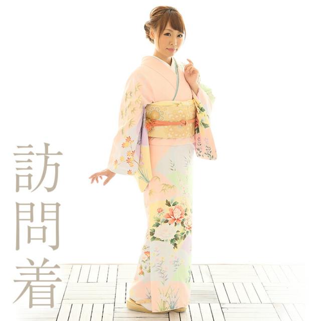 ＼お買い物マラソン 先着10名2000円offクーポン／【レンタル】訪問着レンタル18点フルセット【フリーサイズ/サーモンピンク 雪輪に四季の花】足袋プレゼント 訪問着 着物レンタル 貸衣装 女性和服 お宮参り 母親 結婚式 七五三 入学式 卒業式 着物 往復送料無料