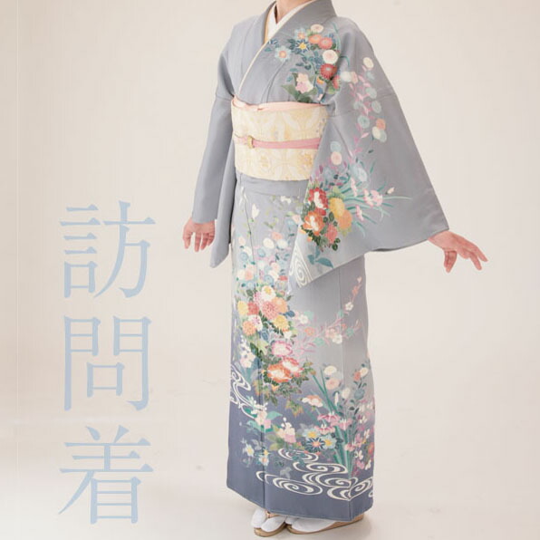 ＼お買い物マラソン 先着10名2000円offクーポン／【レンタル】訪問着レンタル18点フルセット【フリーサイズ/グレー 水面に四季花】足袋プレゼント 訪問着 着物レンタル 貸衣装 女性和服 お宮参り 母親 結婚式 七五三 入学式 卒業式 着物 往復送料無料