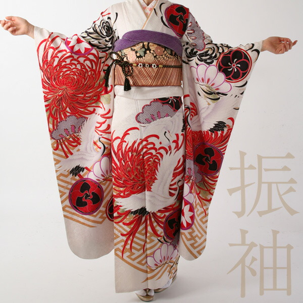 【レンタル】振袖レンタル19点フルセット【LLサイズ/大輪菊と鶴/白地】大輪 菊 鶴 白地 着物 フルセット レンタル 貸衣装 成人式 結婚式 結納 和服 披露宴 ふりそで 送料無料