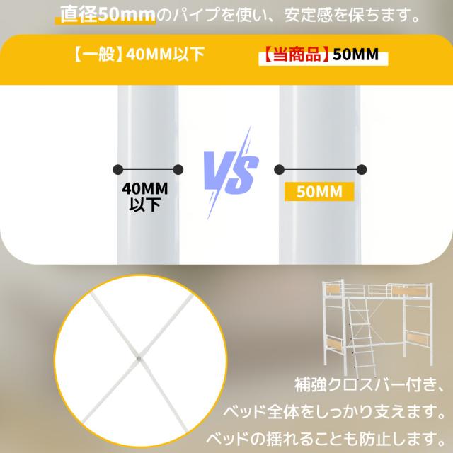 ロフトベッド シングル コンセント付き 耐荷重150kg 高さ180cm 子供ベッド 大人ベッド 一人暮らし 子供部屋 スチール 耐震 ベッド_9