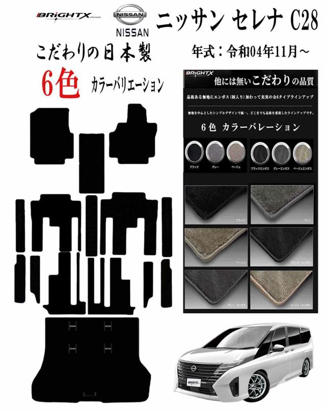 【日本製】フロアマット カーマット ニッサン 新型 セレナ C28 型式 C28 年式 : :2022年12月〜　右ハンドル ガソリン 8人乗り 全グレード対応 X XV ハイウェイスターV 車 運転席 防水 汚れ防止 ゴム 洗える おしゃれ 固定 滑らない 留め具 フルセット床暖房 厚さ