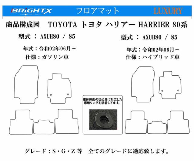 【日本製】フロアマット カーマット トヨタ 新型 ハリアー 型式：80系 型式 : MXUA80〜AXUH85 年式：令和02年06月〜  樹脂リング マット枚数 5枚SET カスタムクラス 車 運転席 防水 汚れ防止 ゴム 洗える おしゃれ 固定 滑らない 留め具 フルセット 厚さ_9