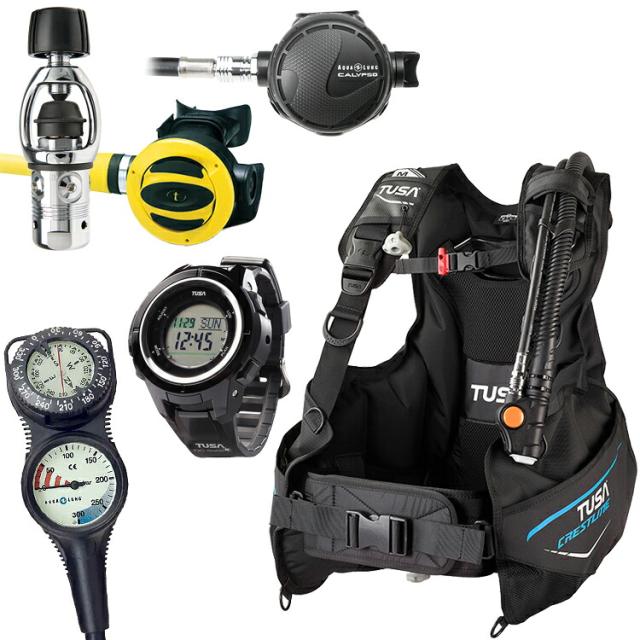 [ TUSA / AQUALUNG ] BC0602B + カリプソ ダイブコンピュータ付き重器材5点セット レギュレーター オクトパス ゲージ SS20 コンパス+残圧計 2連ゲージ IQ1203 ダイビング コンピューター